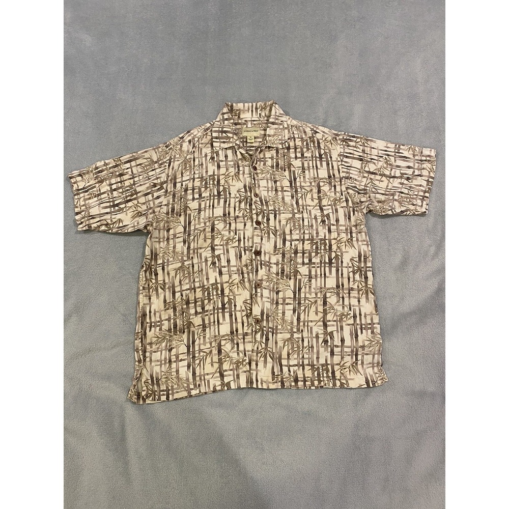 Joseph & Feiss Mens Hawaiian Shirt Beige Green Floral Short Sleeve 100% Silk M